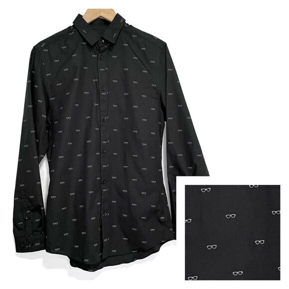 H&M Mens Glasses Print Slim Fit Casual Button Down Shirt Small - Picture 2 of 7